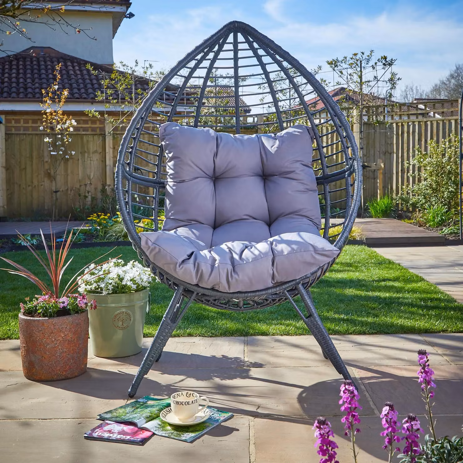 Home Source Rattan Egg Chair with Dark Grey Waterproof Polyester Cushion – 6