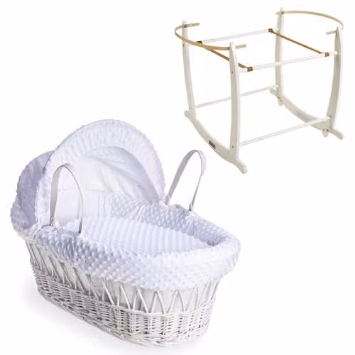 Clair de Lune Dimple White Wicker Moses Basket with White Deluxe Rocking Stand