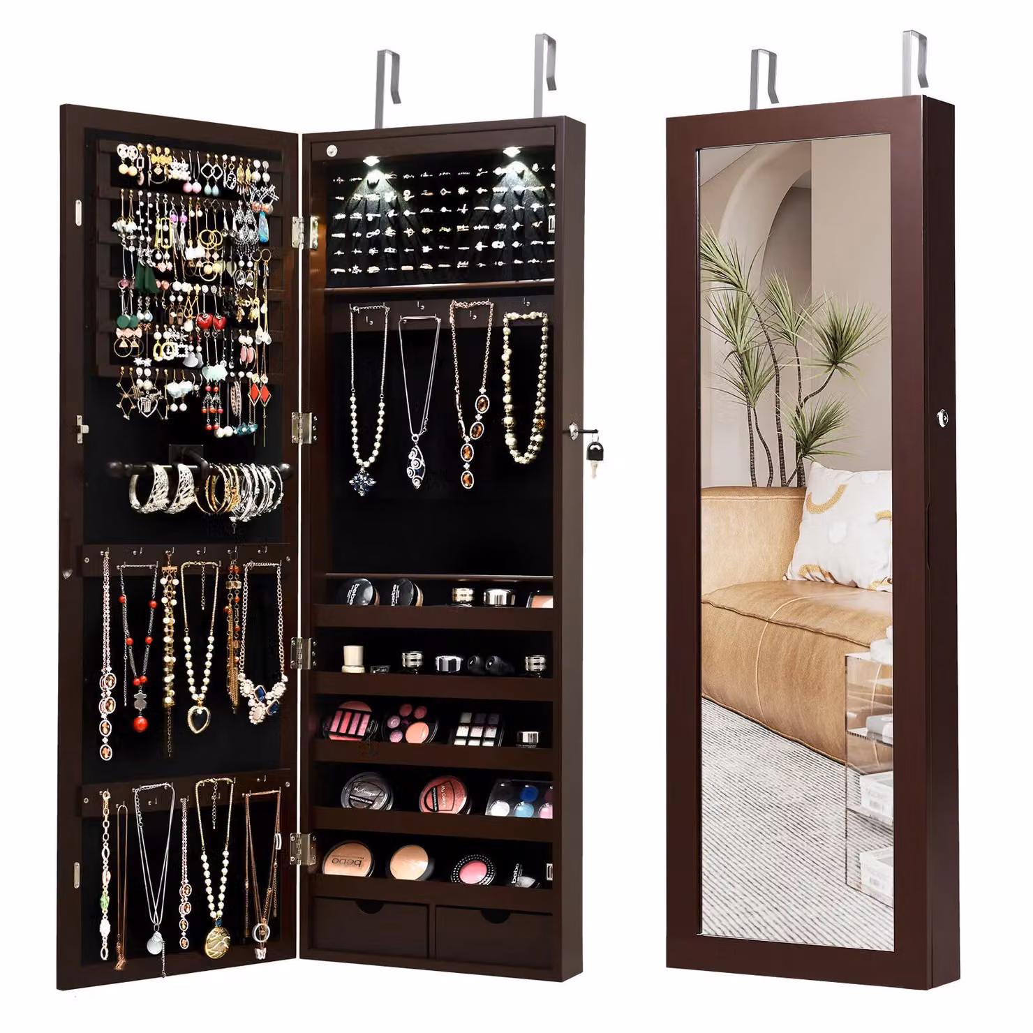 Costway Brown Wall or Door Mounted Jewelry Armoire Organizer with Full-length Mirror, LED Lighting and Lock – 4