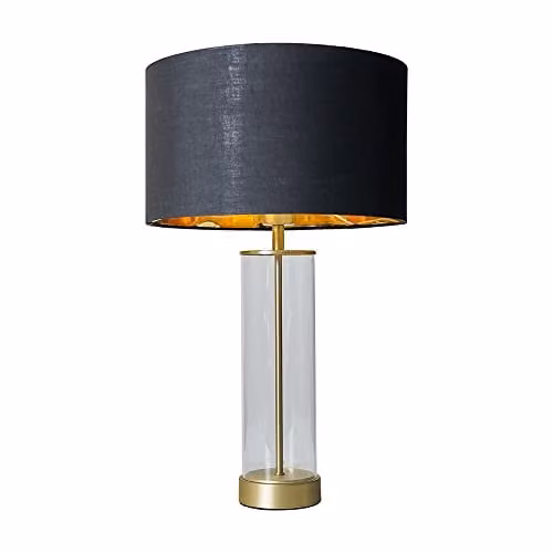 ValueLights Balan Glass and Matt Gold Table Lamp with Black Cylinder Shade and LED Bulb