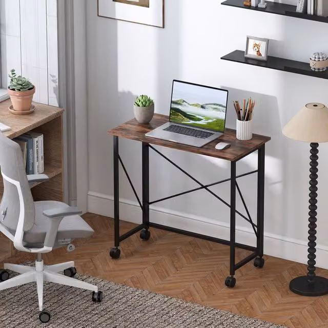 HOMCOM Brown Folding Writing Desk with Castors for Home Office