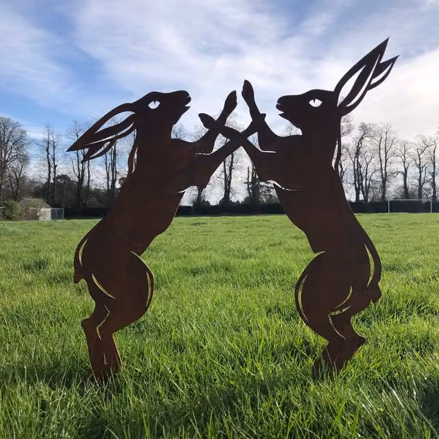 RW Norfolk Rusty Metal Boxing Hares Garden Statue, Brown