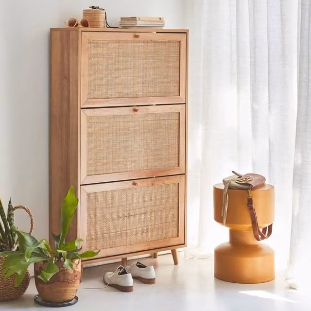 sweeek Boho Wood and Rattan Shoe Cabinet with 3 Drawers and Tilting Compartments in Light Brown