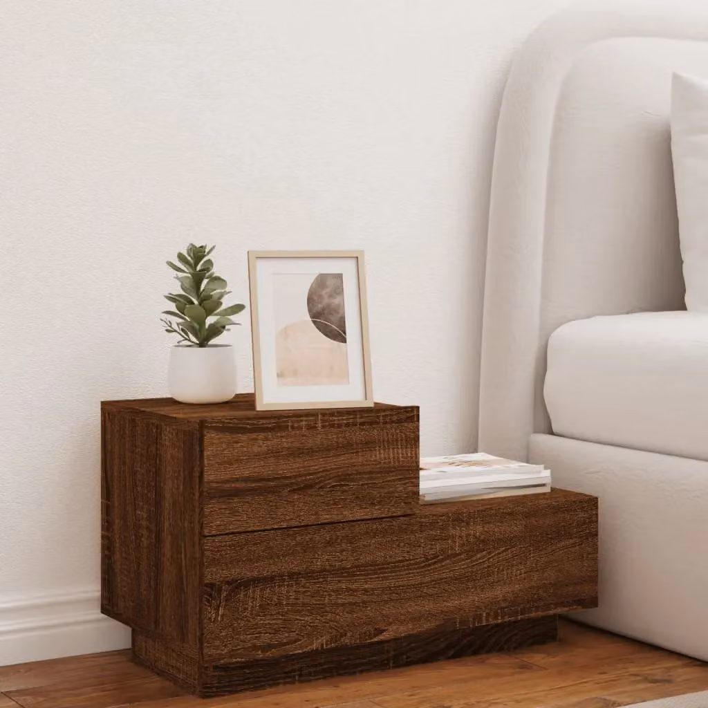 Berkfield Home Modern Bedside Cabinet with Integrated LED Lights in Brown Oak, W/D/H: 70 x 36 x 40.5 cm – 3