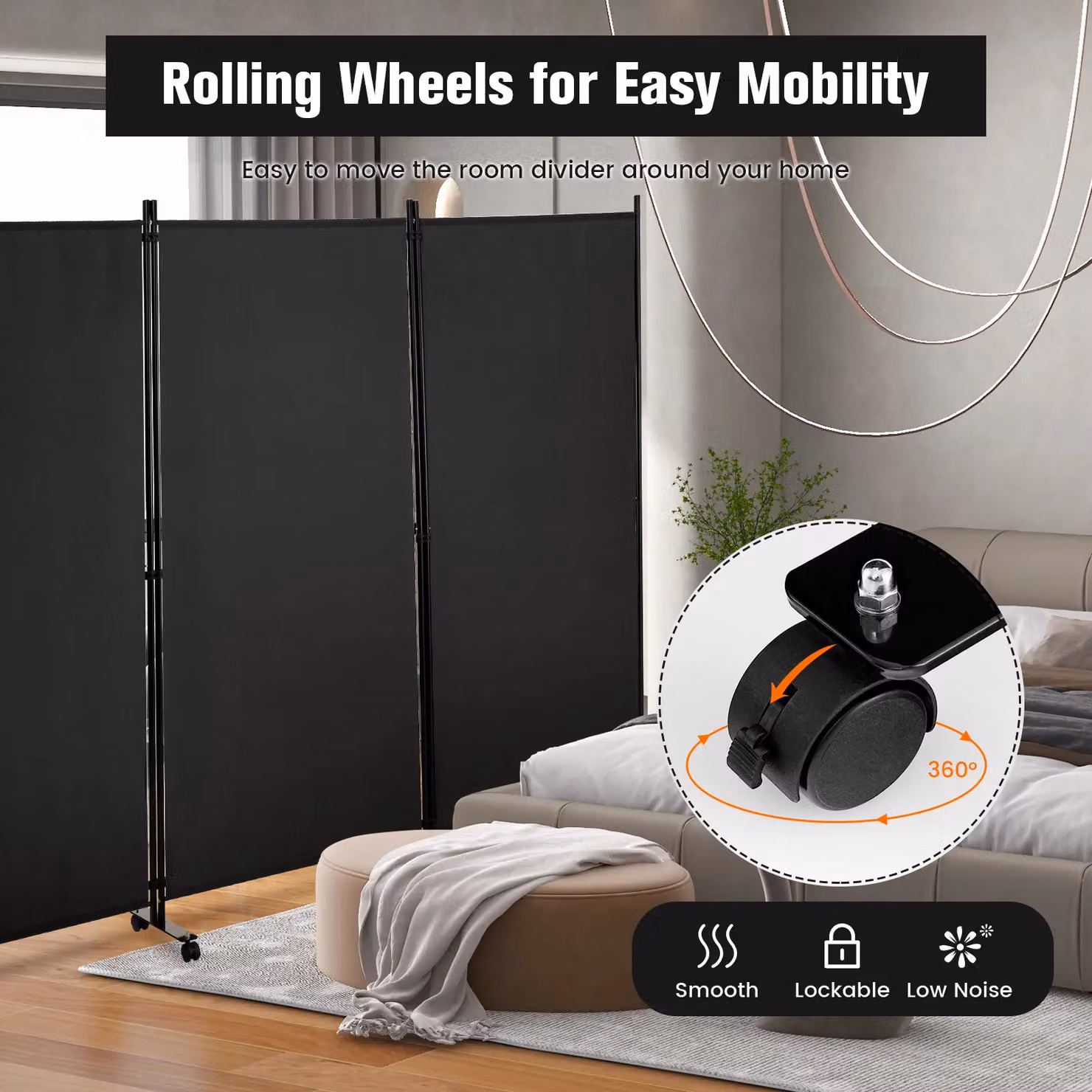 Costway 3 Panel Rolling Room Divider Privacy Screen in Black – 6