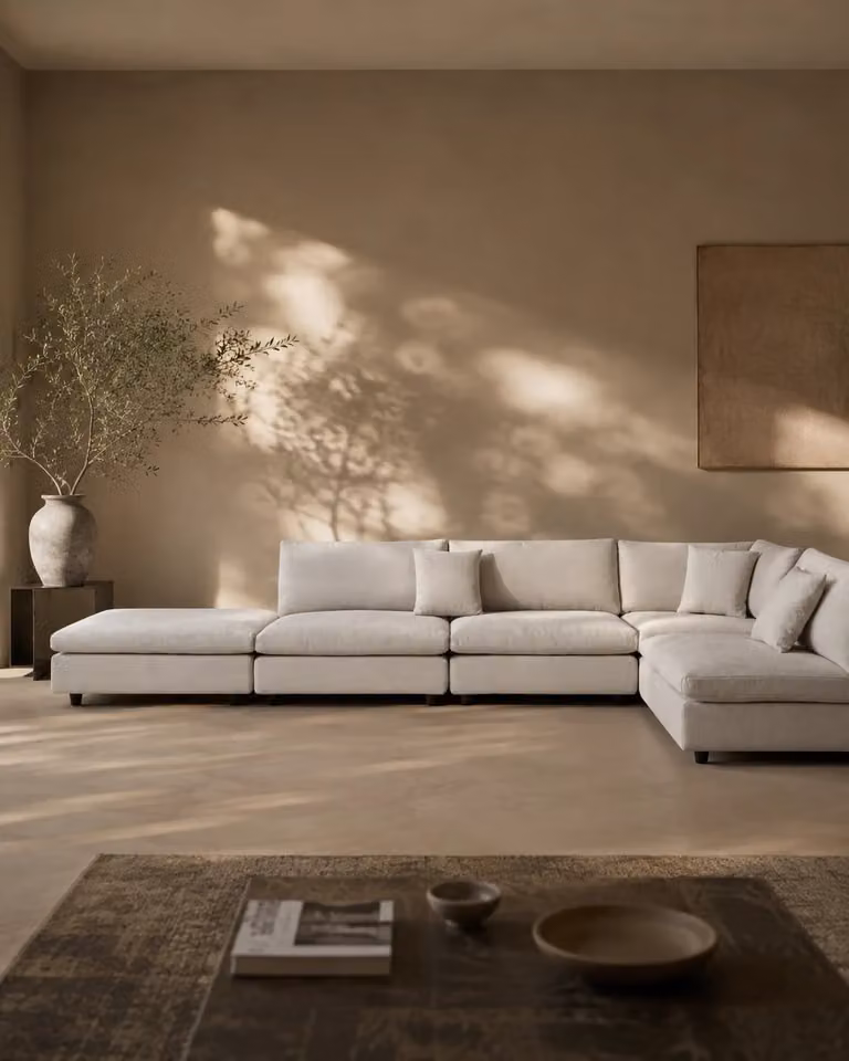 Blanco 5 Piece Modular L-Shape Sofa in Avery Velour Cream with Matching Ottoman and Scatter Cushions