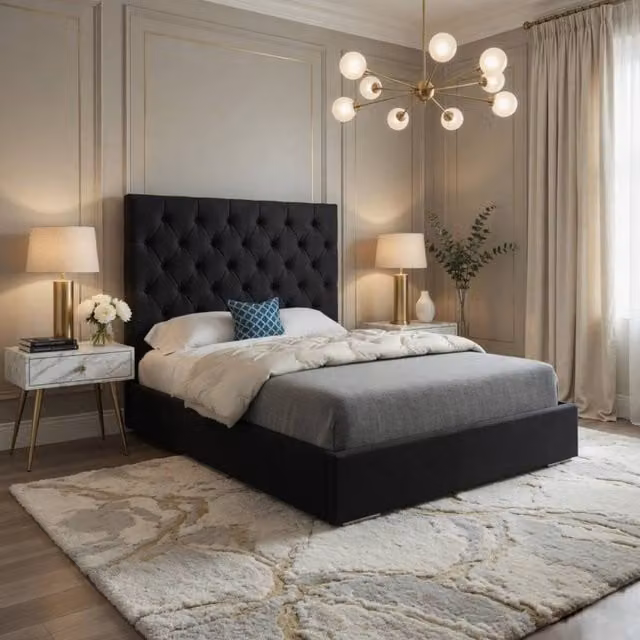 KDMD Finsbury Black Soft Velvet Upholstered Chesterfield Designer Bed Frame, W/D/H: 200 x 200 x 189 cm