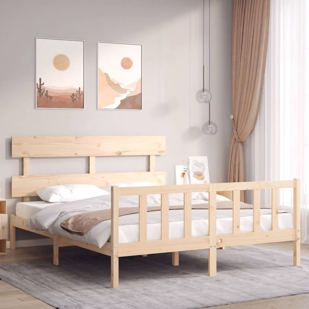 Berkfield Home Solid Wood Bed Frame with Headboard in Brown Pine, W/D/H: 160 x 200 cm – 2