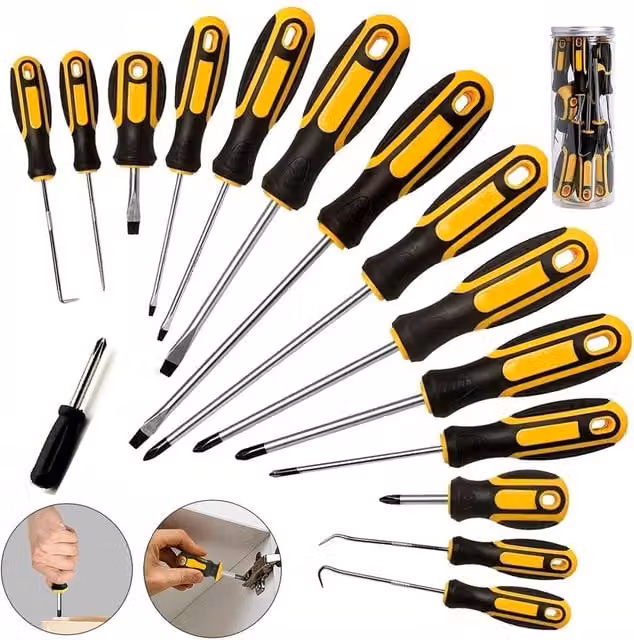 Hinsinc 15 Piece Heavy Duty Magnetic Screwdriver Set with Philips and Flat Heads in Multicolour – 1