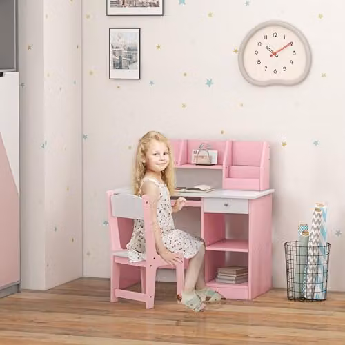 ZONEKIZ Kids Desk and Chair Set with Storage for Ages 6-10 Years in Pink or Grey – 2
