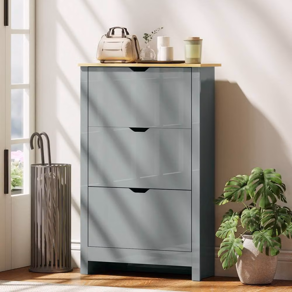STILVORA Modern Grey Shoe Cabinet with 3 Tilting Compartments and Internal Shelves – 2
