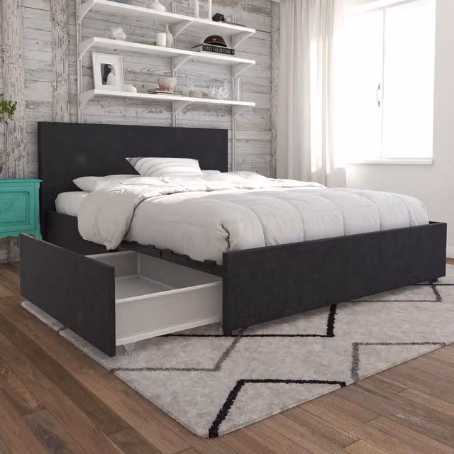 Novogratz NG Kelly Upholstered King Size Bed with Storage Drawers in Dark Grey, W/D/H: 180 x 200 cm
