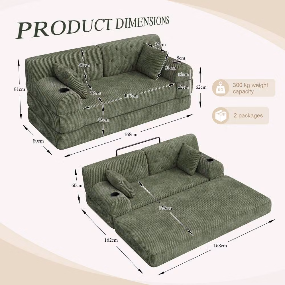 Matteo Green Corduroy 2-Seater Sleeper Sofa with Cup Holders and Metal Frame – 2