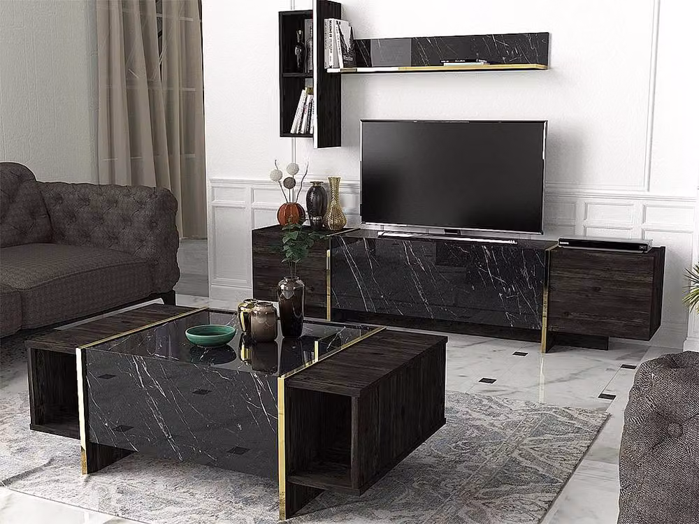 Vente-unique Modern Rectangular Coffee Table with 1 Door and 2 Compartments in Black Marble Effect, W/D/H: 103.8 x 60.0 x 37.3 cm – 3