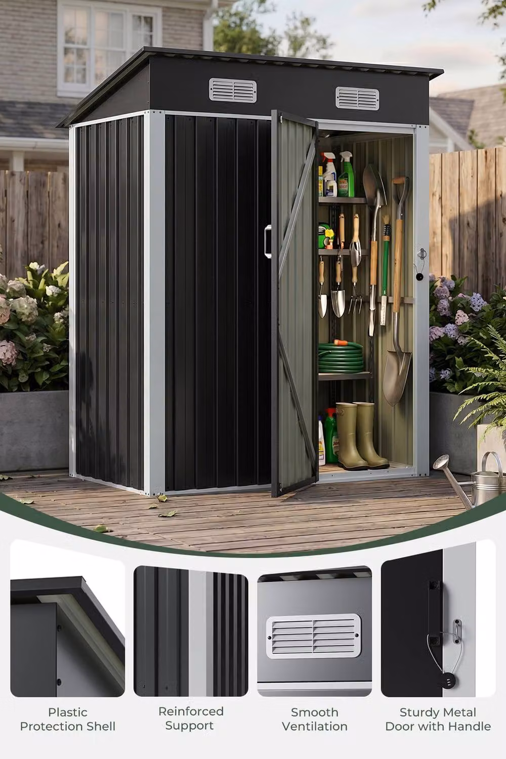 Garden Sanctuary Black Metal Pent Garden Storage Shed with Lockable Door, W/D/H: 152.4 x 91.44 x 181.0 cm – 3