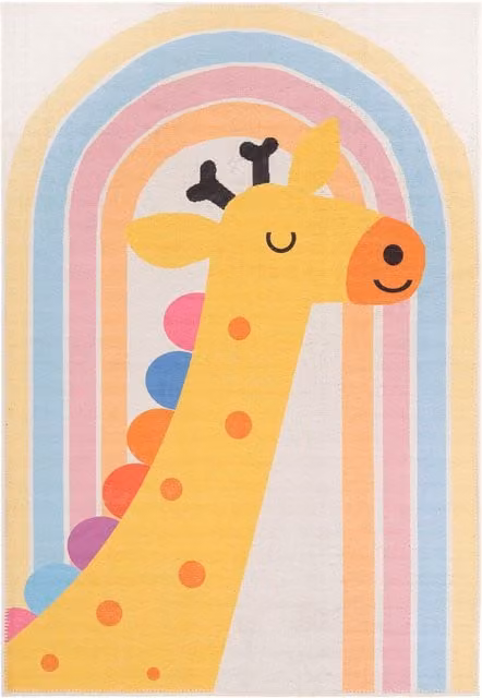 The Rug House Washable Kids Play Rug with Giraffe and Rainbow Motif in Multicolour, Width: 230 cm