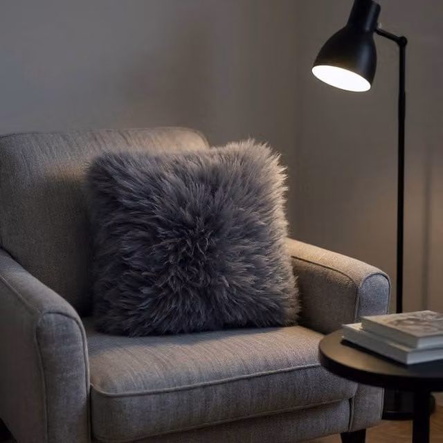 Infinity Leather Grey Genuine Sheepskin Cushion with Faux Suede Backing, W/D/H: 40 x 40 x 40 cm