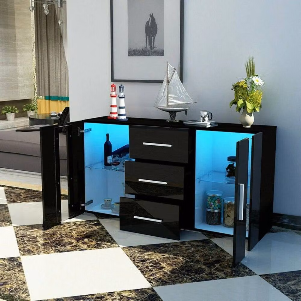 FORGEVIO Modern Black Storage Cabinet with High Gloss Doors and Integrated LED Lighting – 2