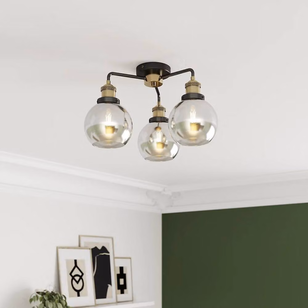 Goeco 3-Light Semi Flush Mount Ceiling Light in Black and Brass with Transparent Glass and E27 Socket – 2