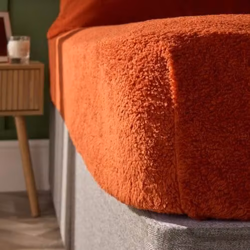 OHS Teddy Fleece Thermal Fitted Sheet in Rust Orange, W/D/H: 180 x 200 x 25 cm