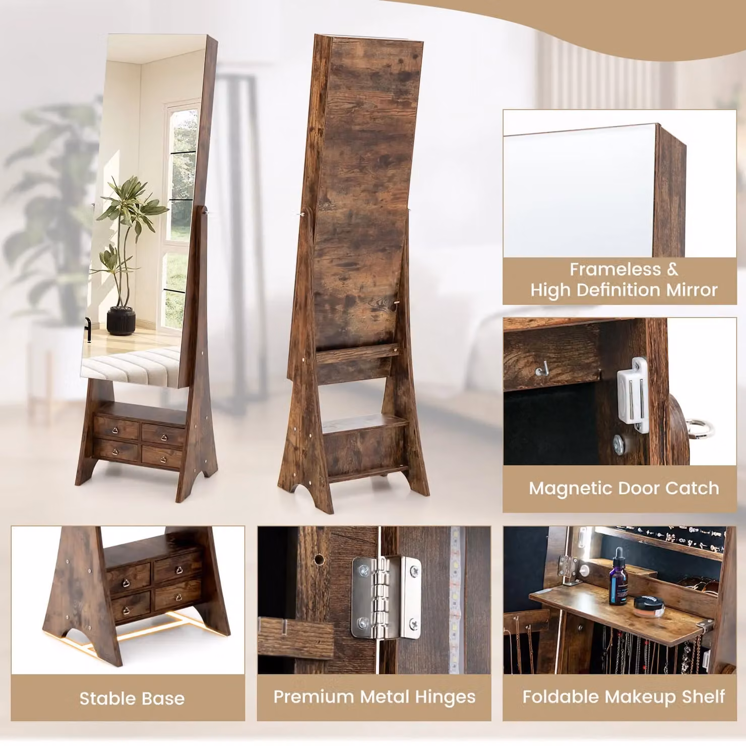 Costway Freestanding Brown Wood Jewelry Armoire with LED Lighting and Mirror – 6