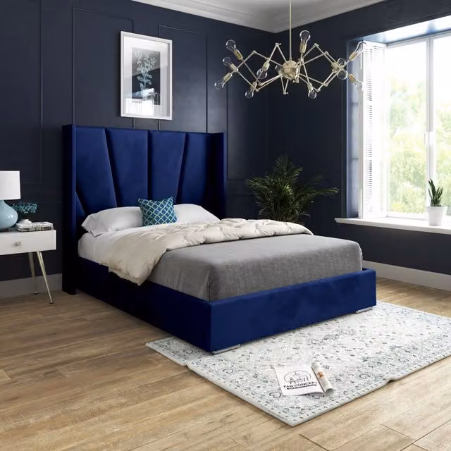 Casani Bellini Small Single Wide Curved Winged Upholstered Velvet Bed Frame in Blue