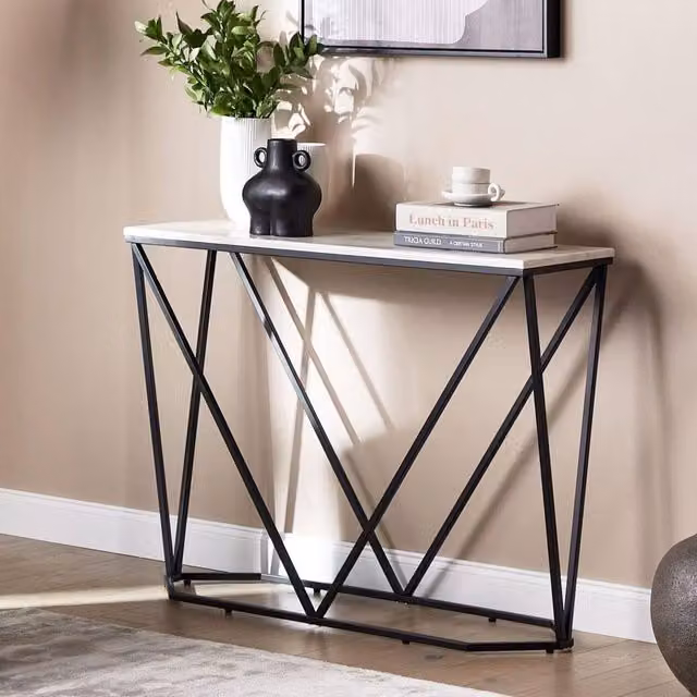 Wyld and Coco Console Table with White Marble Effect Top and Black Powder Coated Iron Legs, W/D/H: 100 x 30 x 75 cm – 1
