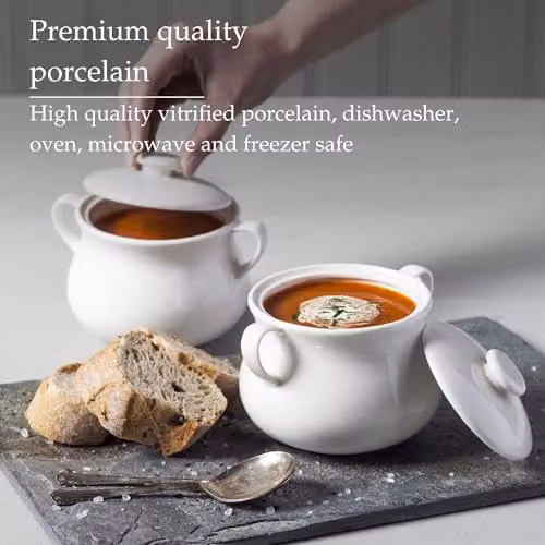 WM Bartleet & Sons 1750 Traditional Porcelain Set of 2 Lidded Individual French Onion Soup and Stew Bowls with Handles, 500ml, White – 3
