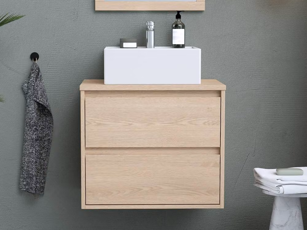Vente-unique Suspended Bathroom Furniture with Countertop Sink in Light Oak Veneer, W: 60 cm, D: 45 cm, H: 50 cm – 3