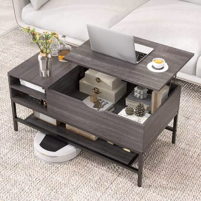 Costway Modern Lift Top Coffee Table with Removable Shelf in Grey