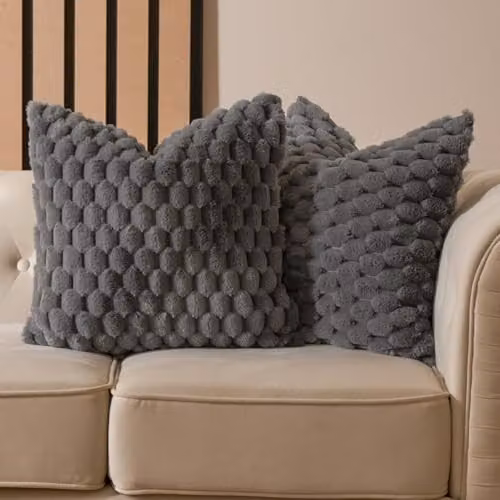 OHS Pack of 2 Faux Fur Waffle Throw Cushions with Removable Covers, Grey, W/D/H: 45 x 45 x 45 cm – 2