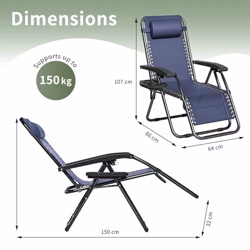MCC Direct Set of 2 Zero Gravity Reclining Sun Loungers with Blue Textilene Fabric and Black Powder Coated Steel Frame – 3