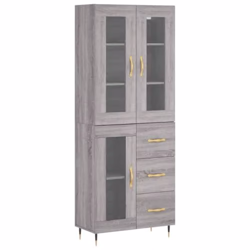 vidaXL Highboard in Grey Sonoma with Glass Doors and Internal Shelves, W/D/H: 69.5 x 34 x 180 cm