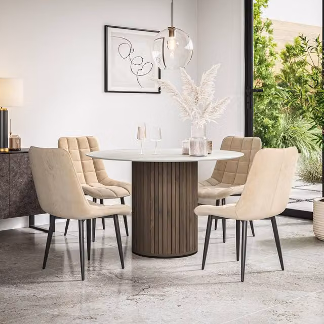 More4Homes Arlo White Marble Top Round Dining Table with Walnut Legs and 4 Beige Nova Velvet Dining Chairs, W/D/H: 120 x 120 x 75 cm