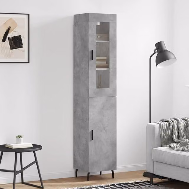 Berkfield Home Modern Highboard in Concrete Grey with Glass Doors, W/D/H: 34.5 x 34.0 x 180.0 cm