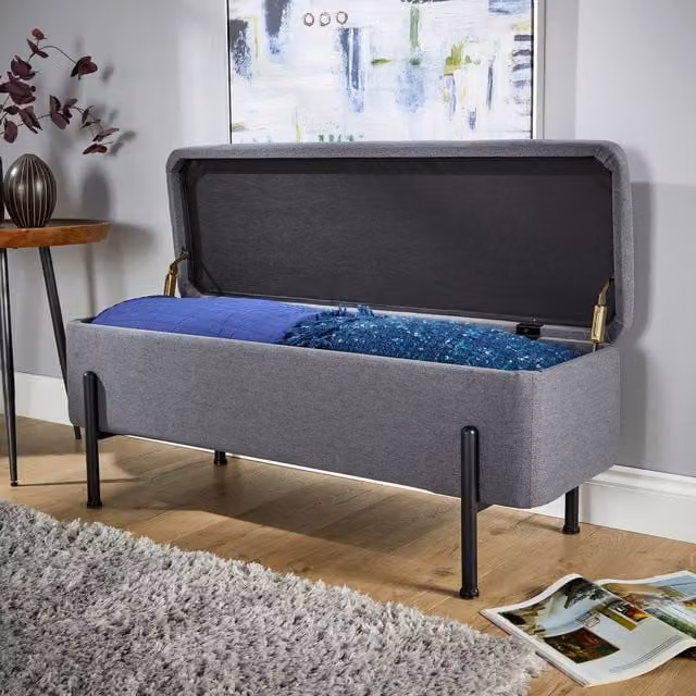 Home Source Bouclé and Velvet Storage Ottoman Seat with Metal Legs in Dark Grey