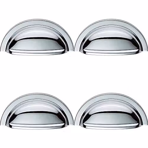 Loops 4 Pack Shell Cabinet Cup Pull Handles in Polished Chrome, Fixing Centres: 76 mm