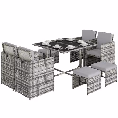 Outsunny 8 Seater Grey Rattan Cube Garden Furniture Set with Cushions and Glass Top Table