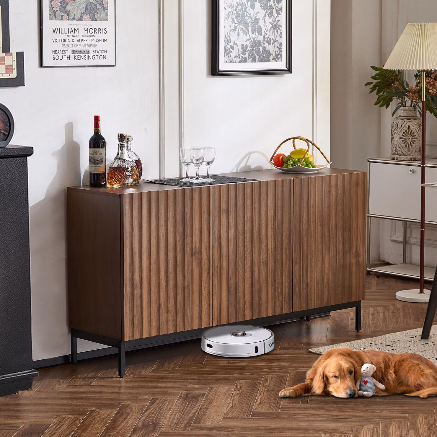 Aosom UK Mid-Century Sideboard with 3D Wave Design and Steel Legs, 3-Door Cabinet with Adjustable Shelves, Brown, W: 150 cm, D: 40 cm, H: 80 cm – 5