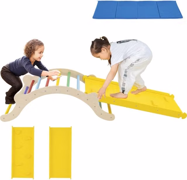 Costway 3-in-1 Wooden Kids Climber with Slide in Yellow