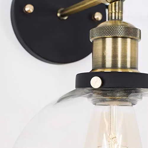 ValueLights Sheridan Industrial Wall Light with Transparent Glass Sphere Shade, Black and Gold/Brass, Includes Warm White LED Bulb – 2