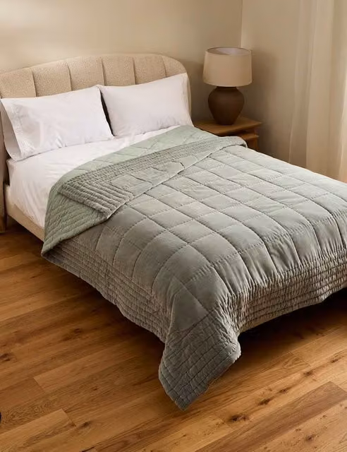 M&S Cotton Velvet Quilted Bedspread in Sage Green