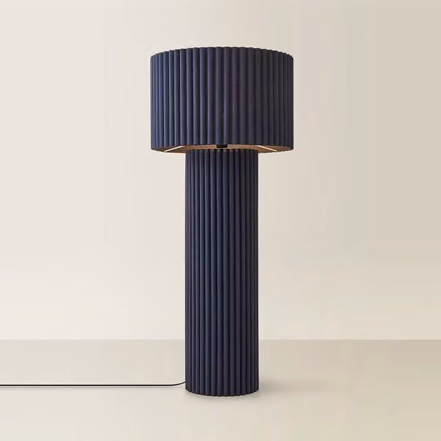 ValueLights Lenny Ribbed Fabric Midi Floor Lamp with Drum Lampshade in Blue