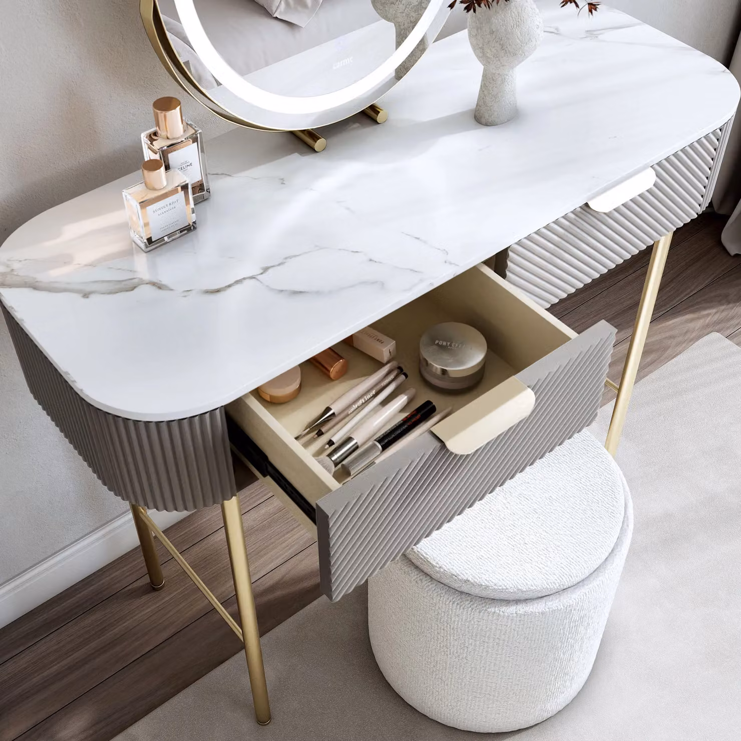 CARME HOME Imogen Mocha Dressing Table with Ribbed Drawers and Brown Marble-effect Tabletop – 2