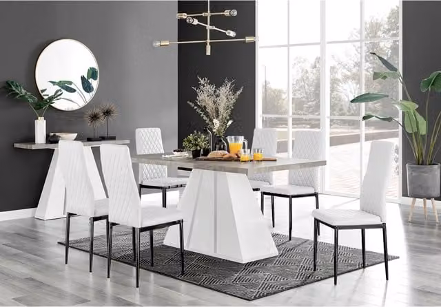 FurnitureboxUK Athens Grey Concrete Rectangular Dining Table and 6 Milan Black Faux Leather Chairs in White