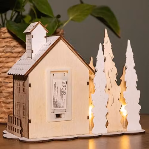 Samuel Alexander Battery Operated Light Up Wooden House Scene with Christmas Trees and Warm White LEDs in Brown and White, Height: 16 cm – 5