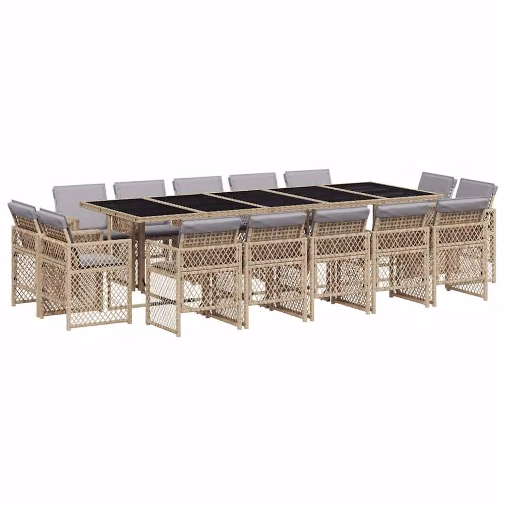 Berkfield Home 15 Piece Poly Rattan Garden Dining Set with Cushions and Glass Table in Beige – 2