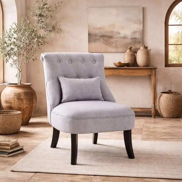 Wyld Haus Grey Fabric Tub Accent Chair with Button Tufting and Rubberwood Legs