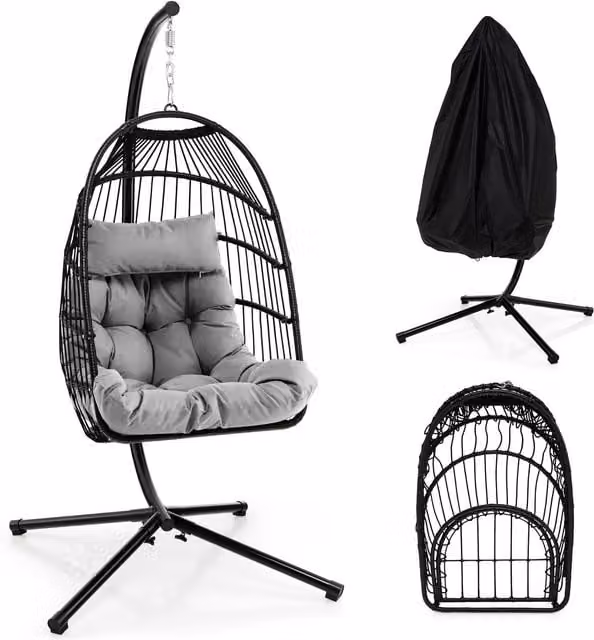 Costway Grey Hanging Egg Swing Chair with Stand, Cushions and Dust Cover – 1