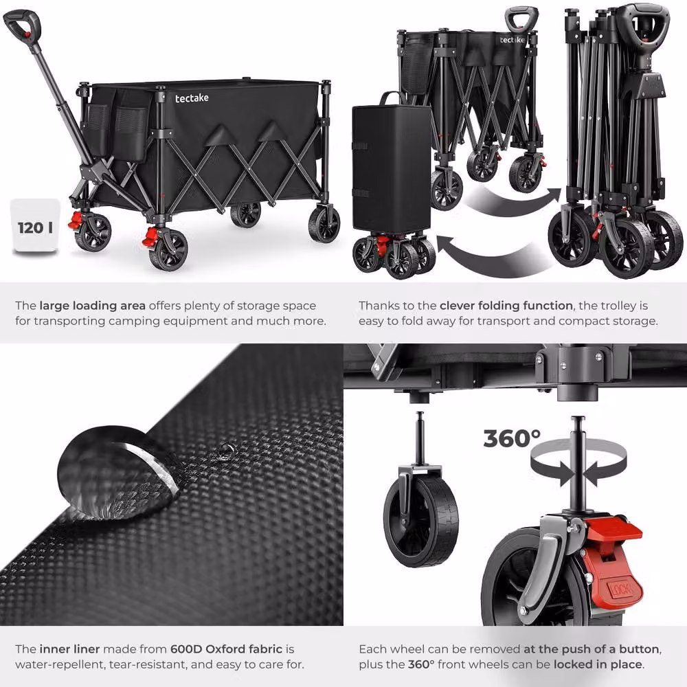 tectake RollRider Folding Trolley with Telescopic Handle and Front Swivel Wheels in Black – 5